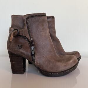 Born Ankle Boots Womens 7.5M Brown Christina Round Toe Buckle Zip Block Leather